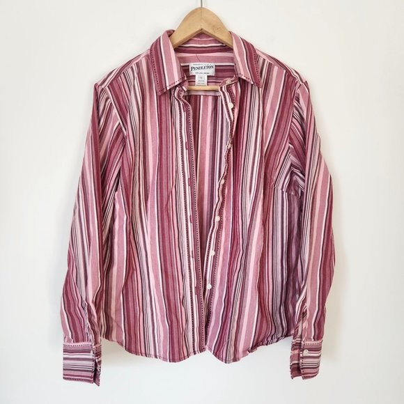 Pendleton Pink Striped‎ Button Down Shirt Women's Large Preppy Office Blouse Y2K - Picture 1 of 14